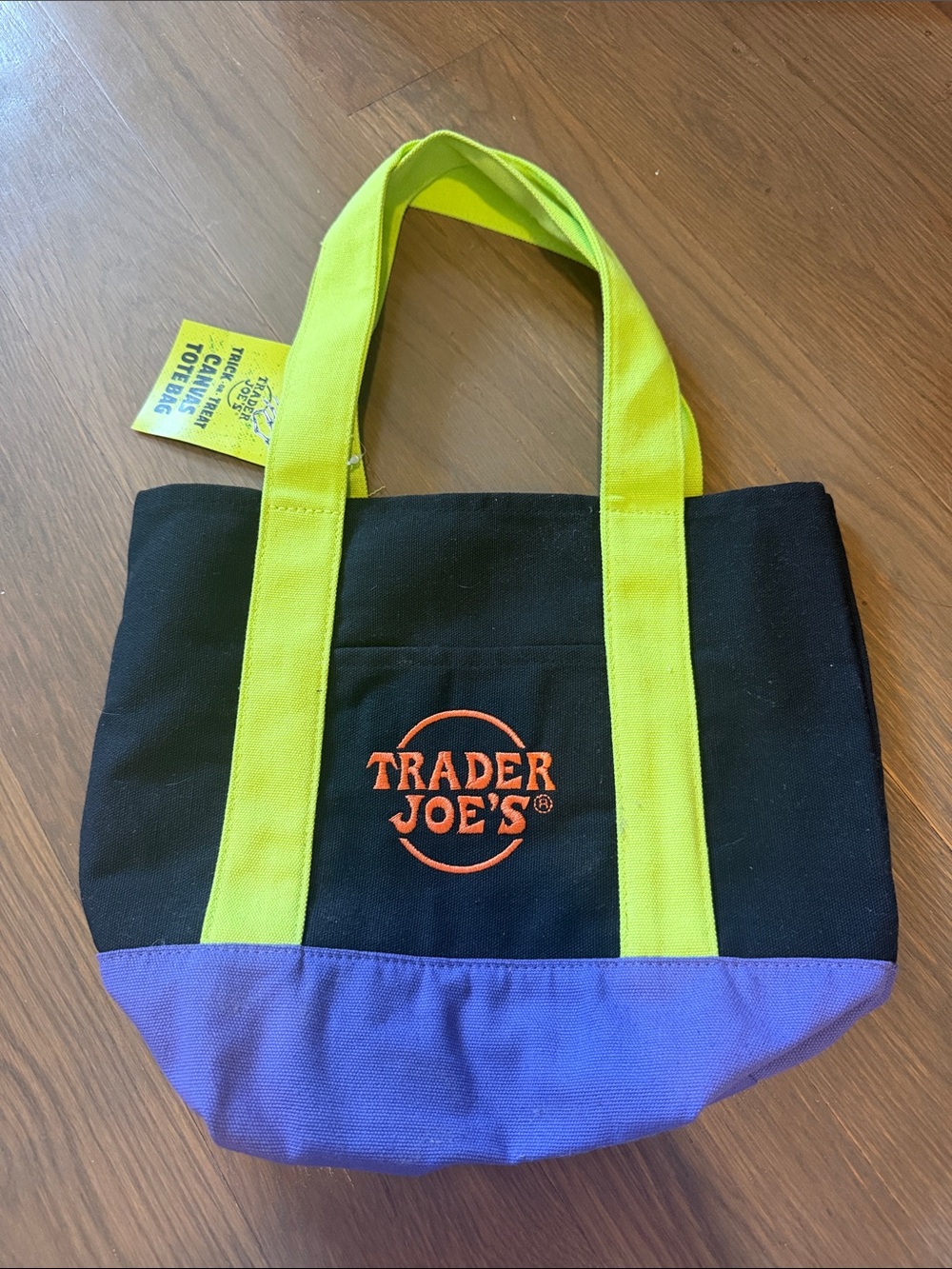 Trader Joe's Black Canvas Tote with Neon Yellow Handles and Purple Base